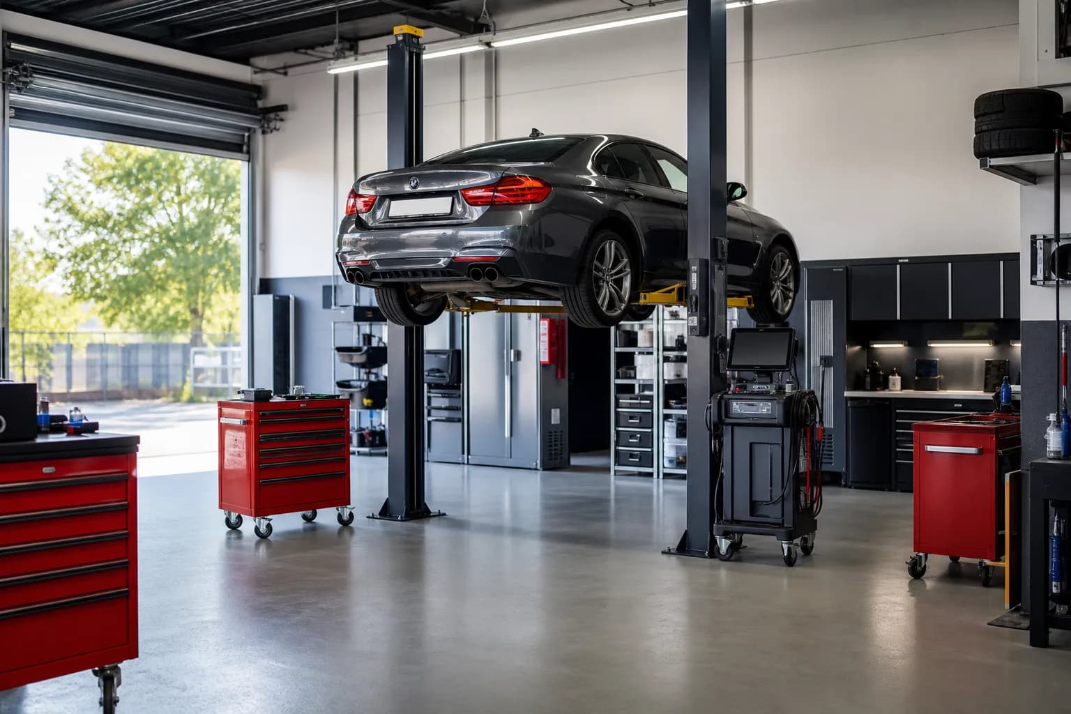 Car raised on a ramp inside the Binley Woods Service Centre workshop in Coventry
