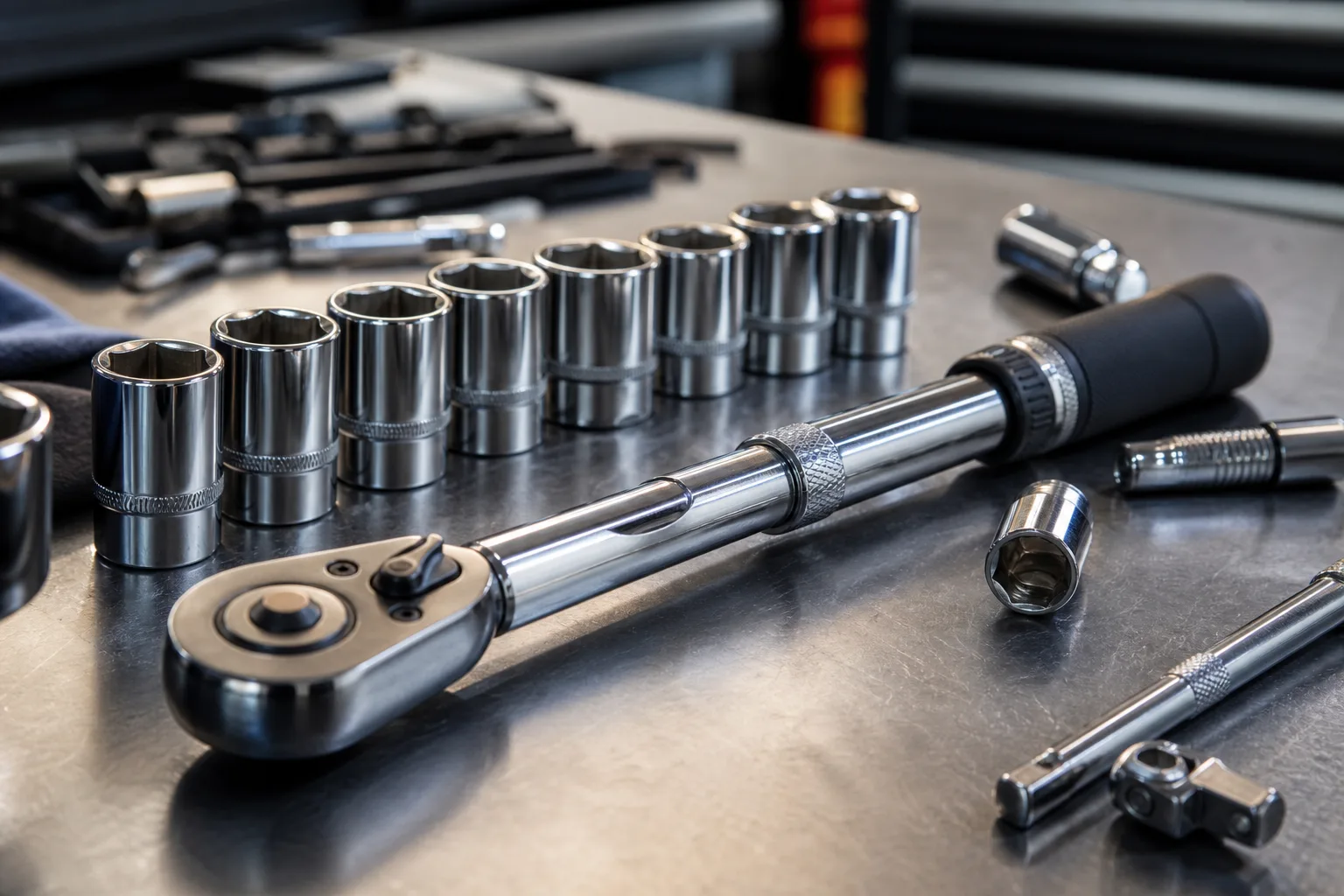 Quality automotive tools laid out on a workbench at Binley Woods Service Centre